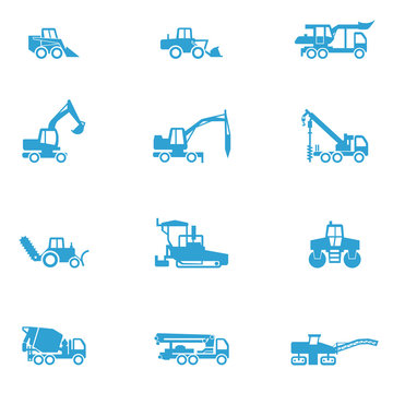 Icons for different types of special vehicles, part 4 / There are icons for special building transport like concrete mixer, paver, and excavato
