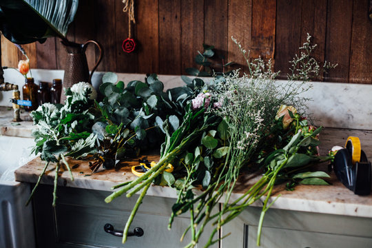 Cut Flowers on Florists Bench