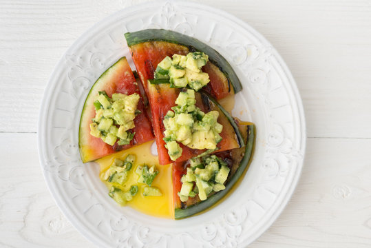 Grilled Watermelon With Avocado, Cucumber, Jalapeno Salsa