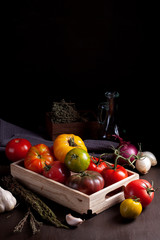Colorful fresh tomatoes. Organic agriculture and farming concept. Seasonal autumn harvest