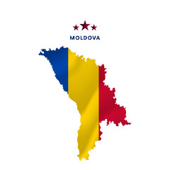 Moldova map with waving flag. Vector illustration.