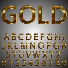 retro alphabet font. Metal gold effect letters and numbers. Vector typeface set