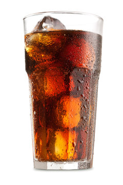 cola with ice cubes isolated on white background