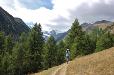 Fototapeta na wymiar Hiker over Valnontey with Gran Paradiso peak in the background, Aosta Valley, Italy