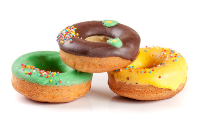three glazed donuts isolated on white background