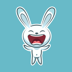 Sticker emoji emoticon, emotion joy, shouting vector isolated illustration happy character sweet, cute white rabbit, bunny, hare, coney, cony, lapin for happy Easter