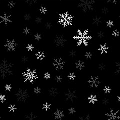 White snowflakes seamless pattern on black Christmas background. Chaotic scattered white snowflakes. Resplendent Christmas creative pattern. Vector illustration.