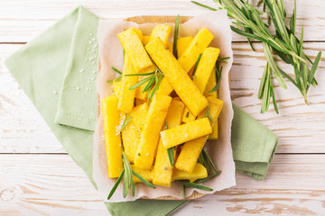 Polenta fries with rosemary. Italian appetizers. Top view.