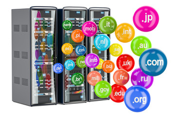 Computer Server Racks with domain names, 3D rendering
