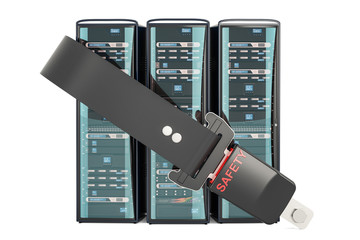 Computer Server Racks with seatbelt. Security and protection concept, 3D rendering