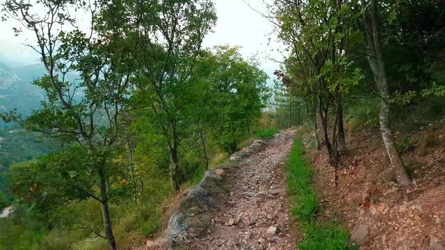 POV Point of View of Walking, Hiking, Trekking on Mountain Trail Path. French Alps Green Nature - 4K Video
