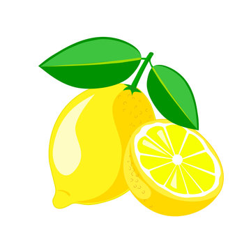 Lemon with leaves and half of lemon. Vector illustration.
