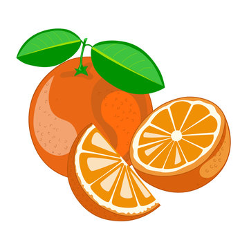 Orange with leaves. Segment of orange.Vector illustration.