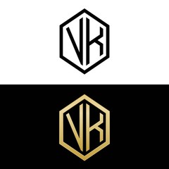 initial letters logo vk black and gold monogram hexagon shape vector