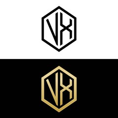 initial letters logo vx black and gold monogram hexagon shape vector