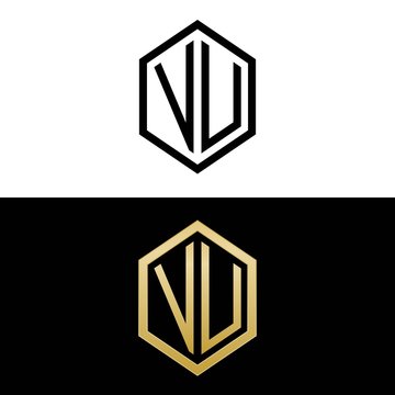 initial letters logo vu black and gold monogram hexagon shape vector