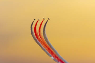 Turkish acrobatic aviation squadron flying over Izmir (Turkey), in the sunset. 9th september:...