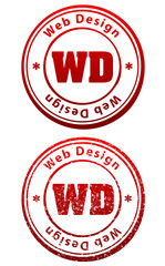 Pair of red rubber stamps in grunge and solid style with caption Web Design and abbreviation WD