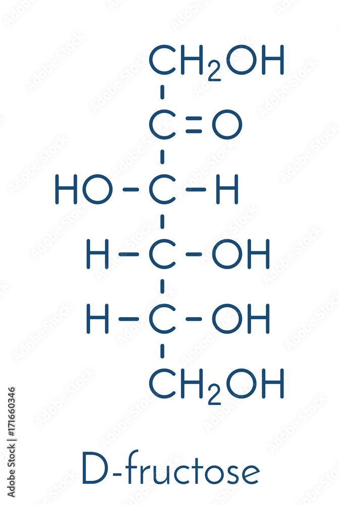 Poster Fructose (D-fructose) fruit sugar molecule. Component of high-fructose corn syrup (HFCS). Skeletal formula.