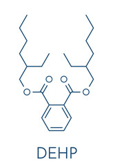 DEHP (Bis(2-ethylhexyl) phthalate, diethylhexyl phthalate, dioctyl phthalate, DOP) plasticizer molecule. Skeletal formula.