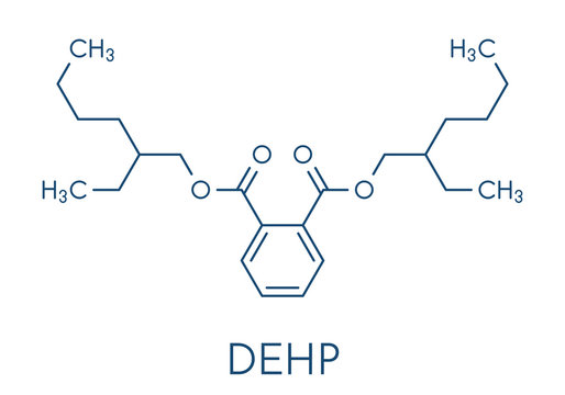 DEHP (Bis(2-ethylhexyl) phthalate, diethylhexyl phthalate, dioctyl phthalate, DOP) plasticizer molecule. Skeletal formula.