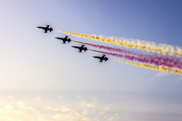 Turkish acrobatic aviation squadron flying over Izmir (Turkey). 9th september 2017: anniversary of the liberation of Izmir from greek occupation