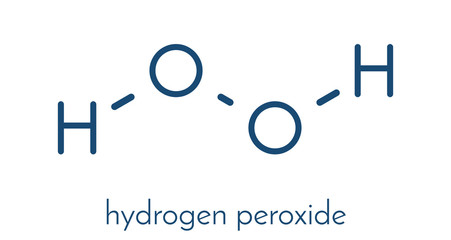 Hydrogen peroxide molecule. Reactive oxygen species (ROS). Used as bleaching agent, disinfectant, chemical reagent, etc. Skeletal formula.