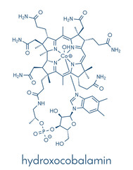 Hydroxocobalamin vitamin B12 molecule. Often given therapeutically in case of B12 deficiency. Skeletal formula.