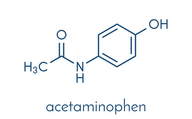 Paracetamol (acetaminophen) analgesic drug molecule. Used to reduce fever and relieve pain. Skeletal formula.