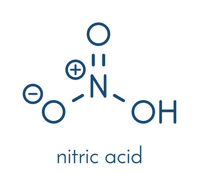 Nitric acid (HNO3) strong mineral acid molecule. Used in production of fertilizer and explosives. Skeletal formula.
