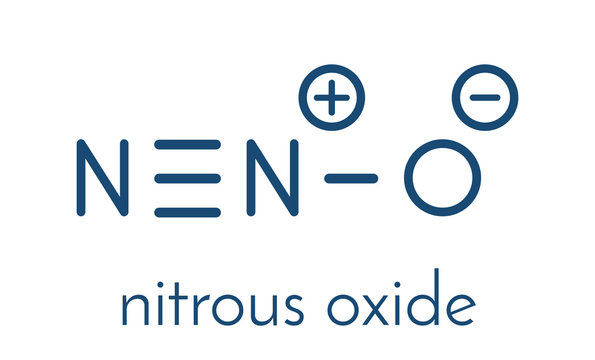 Nitrous oxide (NOS, laughing gas, N2O) molecule. Used in surgery as analgesic and anesthetic drug, and also as oxidizer in rocket motors and combustion engines. Skeletal formula.