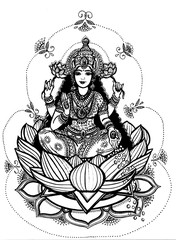goddess Lakshmi, drawing with ink of the goddess Lakshmi on a lotus flower, India, Diwali holiday