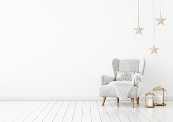 Christmas livingroom interior with velvet armchair, pillow, stars and lanterns on white wall background. 3D rendering.
