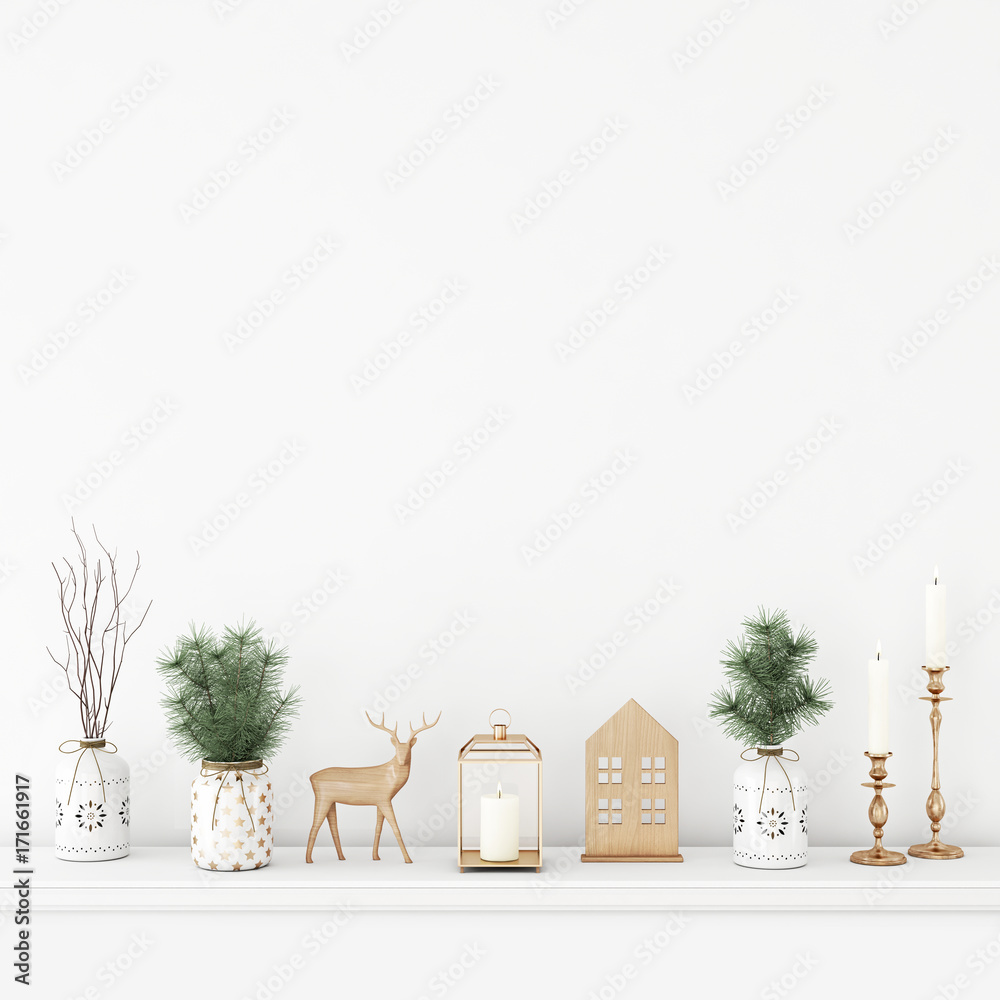 Poster empty white wall mock up with pine branches in vases, wooden deer, candles and lantern. 3d rendering