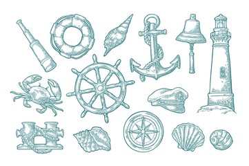 Obraz premium Anchor, wheel, bollard, hat, compass rose, shell, crab, lighthouse engraving