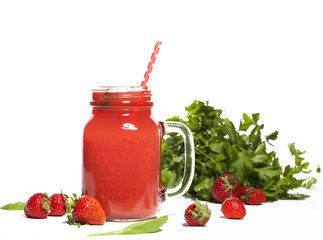 Strawberry smoothie or milkshake in a jar on white background.
