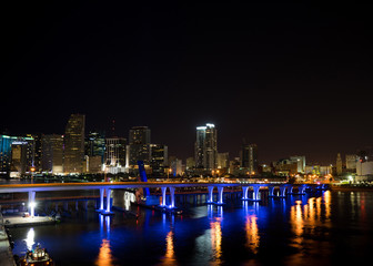 Fototapeta premium Miami at night. View from atop a glowing building with a bridge