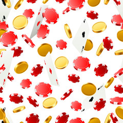 Flying falling poker cards with playing chips and coins. Casino objects on the white seamless background. Vector illustration