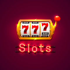 Neon golden slot machine wins the jackpot. Isolated on red background. Vector illustration