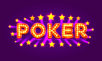 Poker label, casino banner signboard on the purple background. Vector illustration
