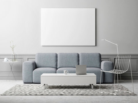 White poster in living room, scandinavian design, 3d illustration