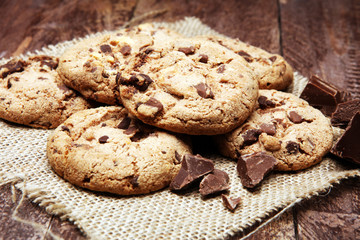 Chocolate chip cookies on table freshly baked