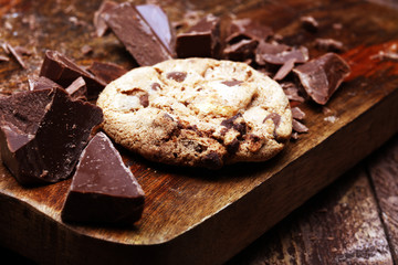 Chocolate chip cookies on table freshly baked