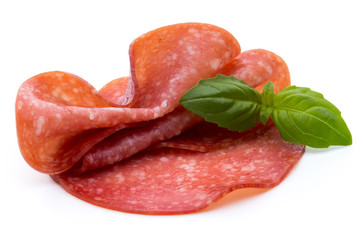 Salami slices isolated on white background.