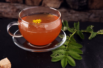 A cup of tea with tea leaves. Tea among the herbs.