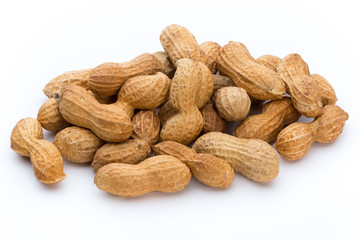 Dried peanuts on the white background.