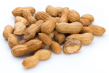 Dried peanuts on the white background.