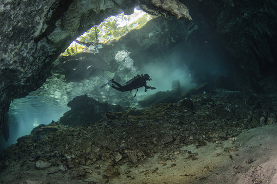 A scuba diver swimming in Mexico's  Cenote Gran