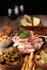 Italian antipasti wine snacks set. Cheese variety, Mediterranean