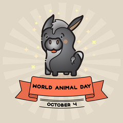 World animal day. Vector card with cute donkey and ribbon.